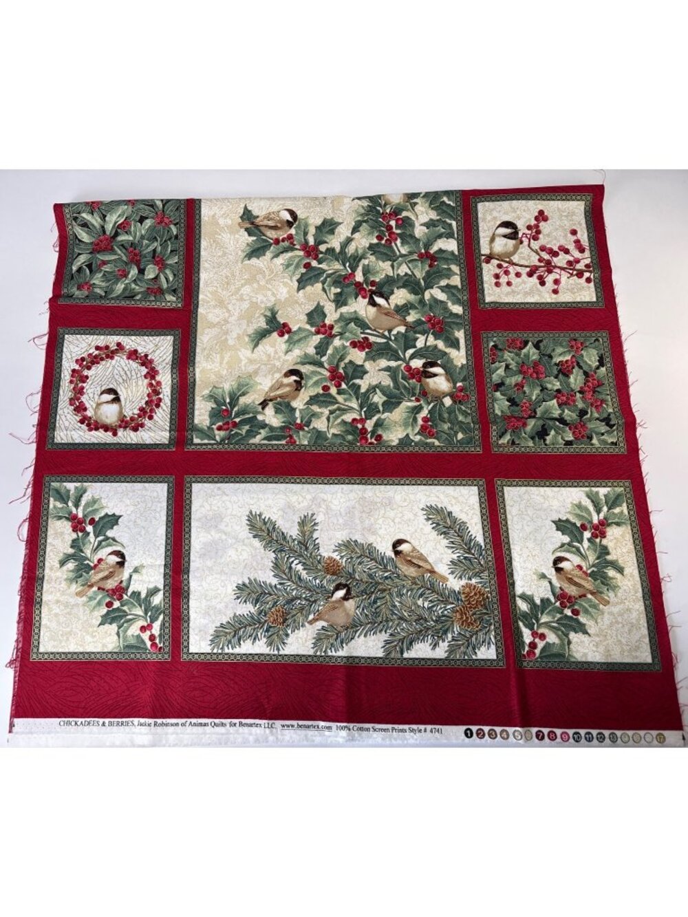 Chickadees & Berries Cotton Quilting Panel Fabric 23" x 44" Benartex
